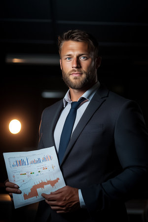 A professional man holds a financial chart while standing confidently in a modern office environment.の素材