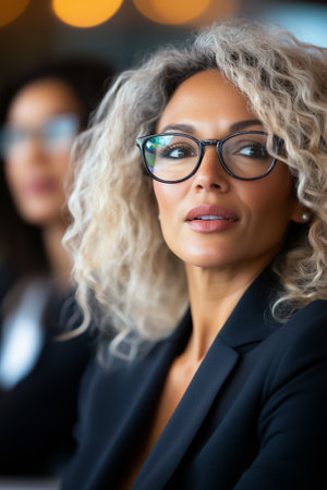 A stylish woman attentively listens during a meeting, showcasing her thoughtful expression in a corporate environment.の素材