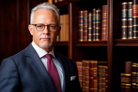 A man dressed in a formal suit stands in front of shelves lined with books in a refined library.の素材