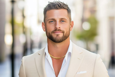 A man with striking blue eyes stands proudly in a light suit, surrounded by buildings in an urban area.の素材