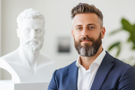 A stylish man poses with a marble bust in a contemporary studio filled with natural light.の素材