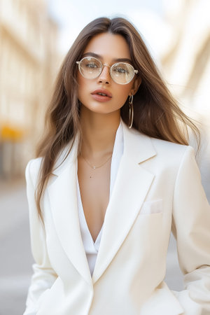 A fashionable woman exudes confidence in a white blazer and chic glasses while walking through a city street.の素材