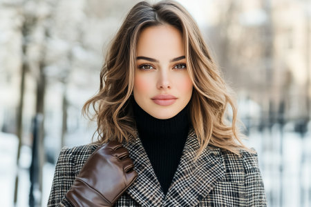 A fashionable young woman smiles warmly outdoors in a snowy urban environment wearing gloves and a chic coat.の素材