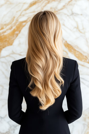 A woman with beautiful long blonde hair dressed in black stands elegantly facing away against a stunning marble wall.の素材
