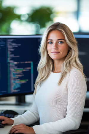 A woman with long blonde hair focuses on programming at her desk, working on two computer monitors in a well-lit office.の素材