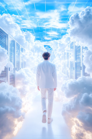 A person dressed in white strolls through a corridor of clouds and servers, merging technology with surrealism.の素材