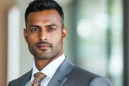 A polished professional stands confidently in an office, exuding ambition in natural light.の素材