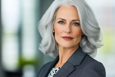 An elegant older woman with gray hair poses confidently in a sleek office, exuding professionalism and poise.の素材