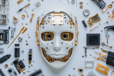 A detailed robotic head made of metal parts is displayed amid an array of mechanical devices and components.の素材