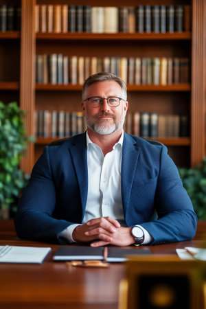 A distinguished individual is seated at a polished desk, exuding confidence in a well-organized office environment.の素材