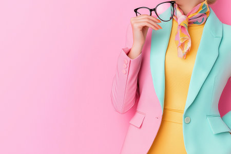 A woman dressed in a pastel blazer and colorful outfit holds glasses, embodying contemporary fashion in a chic setting.の素材