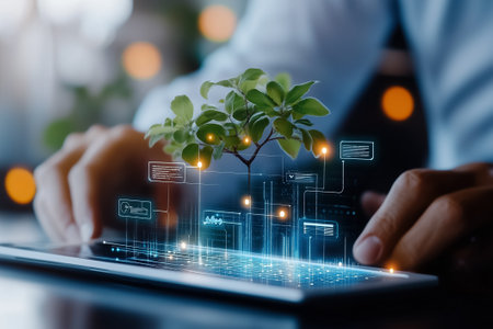 A person uses a tablet to interact with a digital representation of data alongside a growing plant.の素材