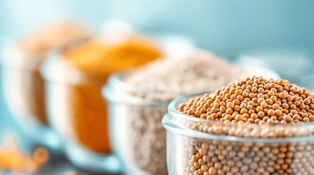 A collection of different spices and herbs is displayed in clear glass jars on a kitchen countertop, offering a colorful array of textures and tones in a well-lit environment.の素材