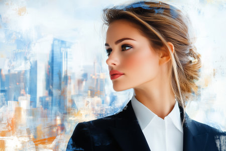 A confident woman in a suit looks out over a bustling city at dawn, reflecting on her ambitions and future.の素材