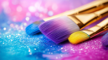 Artistic brushes display vibrant hues against a glittery backdrop, showcasing creativity and artistic expression.の素材