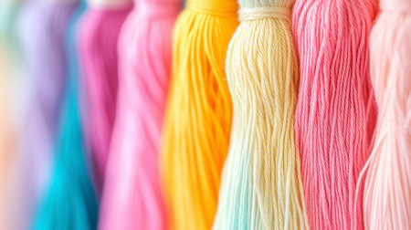 Vibrant threads hang neatly in a textile workshop, showcasing an array of colors perfect for crafting projects.の素材