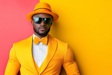 The man stands confidently, showcasing a striking yellow suit paired with a matching hat against a colorful backdrop.の素材