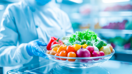 A chef in a sterile kitchen is preparing a vibrant assortment of fresh vegetables and fruits arranged in a bowl, showcasing ingredients for healthy meals.の素材