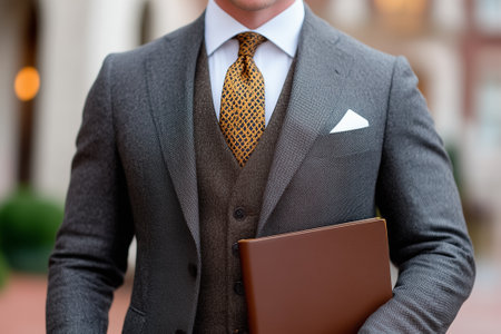 A professionally attired man stands confidently outside, holding a brown portfolio on a clear day.の素材