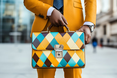 A well-dressed man showcases a stylish handbag while strolling in a busy urban area.の素材