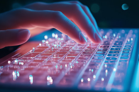 A hand inputs text on a keyboard illuminated by colorful lights, creating an engaging atmosphere during nighttime.の素材