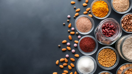 A variety of spices and nuts are neatly displayed in glass jars on a dark backdrop, highlighting their rich colors and textures, ideal for enhancing culinary creations.の素材