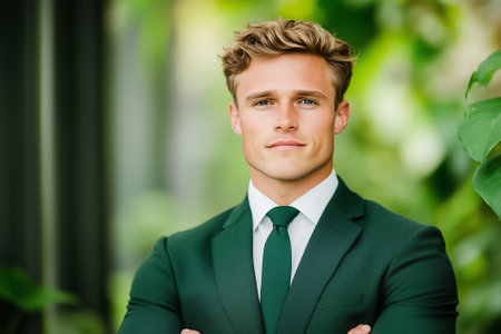 A young man wearing a green suit stands confidently among vibrant greenery in a sunlit garden.の素材
