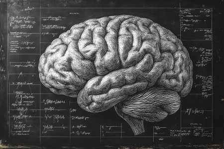 A chalkboard features a large, intricate drawing of a brain along with various handwritten notes and diagrams.の素材
