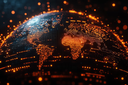 The globe displays illuminated lines connecting various regions, highlighting global interactions and data networks.の素材