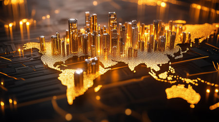 The world map is illuminated with golden highlights representing major cities, creating a captivating visual effect.の素材
