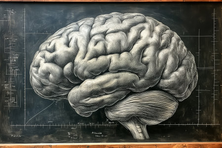 A chalk drawing of a human brain on a chalkboard, complete with measurements and educational notes.の素材