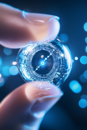 A hand holds a glowing sphere with intricate patterns, showing advanced technology in low light.の素材