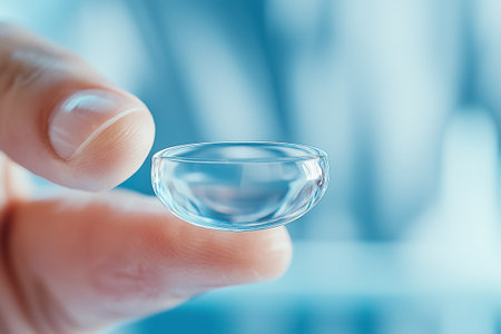 A person delicately holds a clear contact lens above their fingertip in a bright and clinical environment.の素材