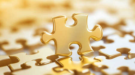 A golden puzzle piece connects perfectly with others, symbolizing unity in a vibrant, artistic setting.の素材