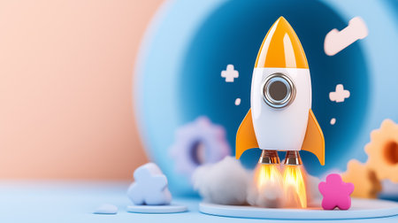 A bright rocket takes off surrounded by whimsical shapes, representing innovative business growth and creativity.の素材