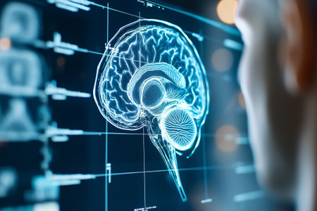 An individual examines dynamic ai X-ray visuals on a lightbox, revealing complex and chaotic brain structures.の素材