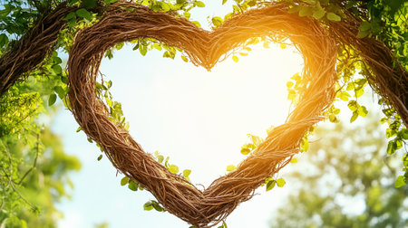 Twisted branches form a heart shape, softly lit by sunlight through lush greenery, evoking tranquility.の素材