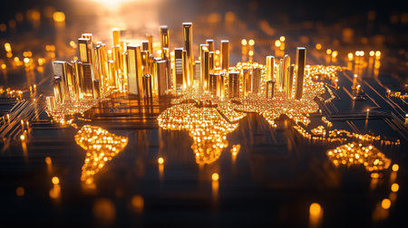 A vivid world map showcases key cities with a golden glow on a dark background, symbolizing global connections.の素材