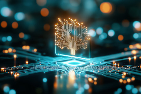 A glowing circuit tree illustrates the fusion of nature and technology in a vibrant digital world.の素材