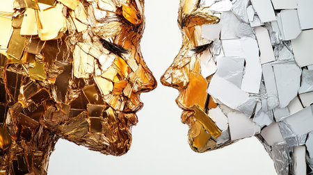 The sculpture features two faces formed from shiny recycled materials, representing love and environmental awareness.の素材