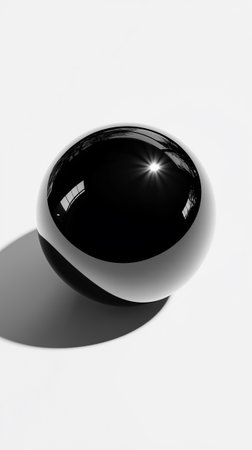 A glossy black sphere stands out against a white background, creating a striking play of light and shadow.の素材