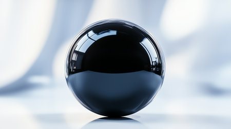 A sleek black orb rests on a glossy surface, reflecting gentle light in a modern, minimal environment.の素材