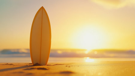 The surfboard stands on the sand at sunset, glowing with warm hues against the beach and ocean waves.の素材