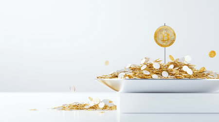 Golden coins are stacked high on a plate, with a Bitcoin token prominently displayed in a sleek, modern environment.の素材