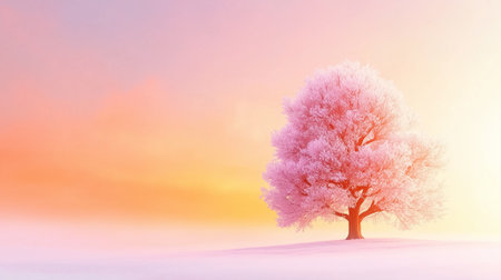The pink tree is beautifully illuminated by the soft glow of sunrise, creating a tranquil atmosphere on the hillside.の素材
