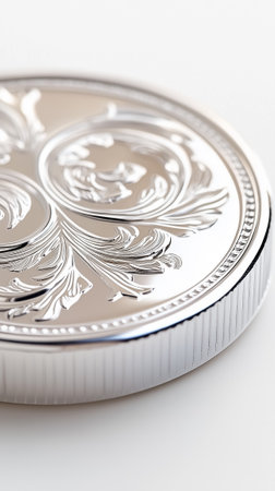A detailed close-up showcases a polished silver coin featuring ornate floral designs, reflecting the light beautifully.の素材