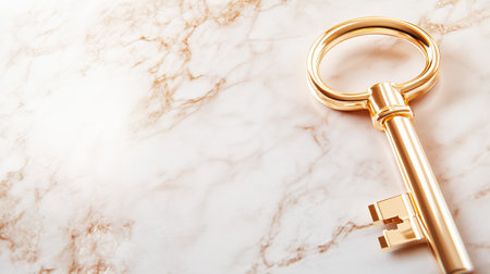 This elegant golden key lays on a polished marble surface, highlighting its vintage design and shiny finish.の素材