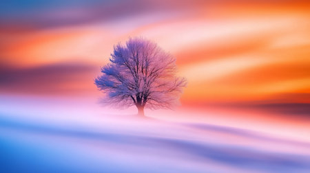 A lone tree emerges from the snowy ground as colorful clouds swirl around it during dusk in winter.の素材