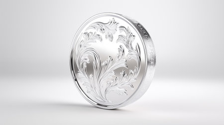 A round silver coin features elegant floral engravings, highlighting craftsmanship in a minimalist setting.の素材