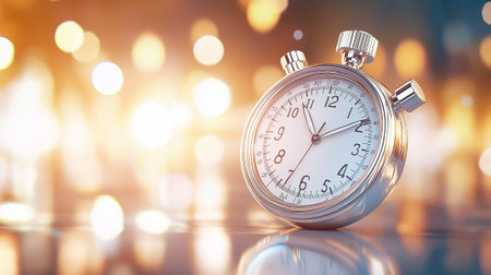 A vintage stopwatch rests on a reflective surface, surrounded by a warm bokeh backdrop that suggests a sunny afternoon.の素材
